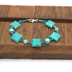 7 Inch 925 Sterling Silver Howlite And Cat's Eye Stones Bracelet